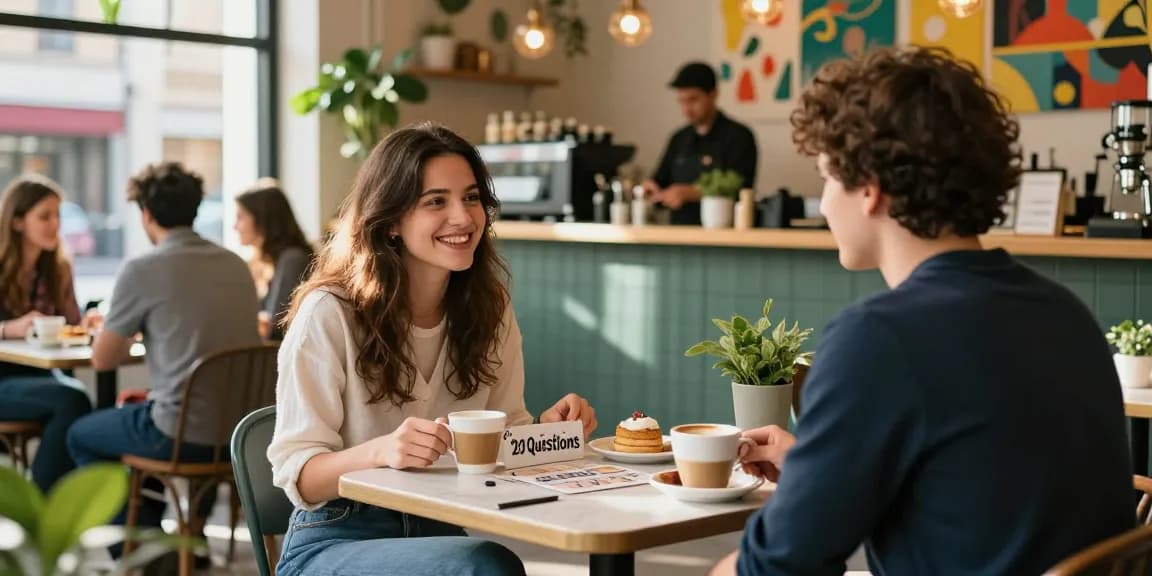 Friends engaging in a fun game about crush on romantic connections in a lively urban café with warm sunlight.