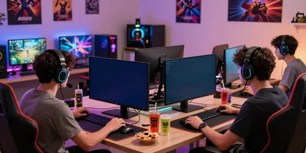 Engaged player in a vibrant gaming setup playing rokok88 slot.