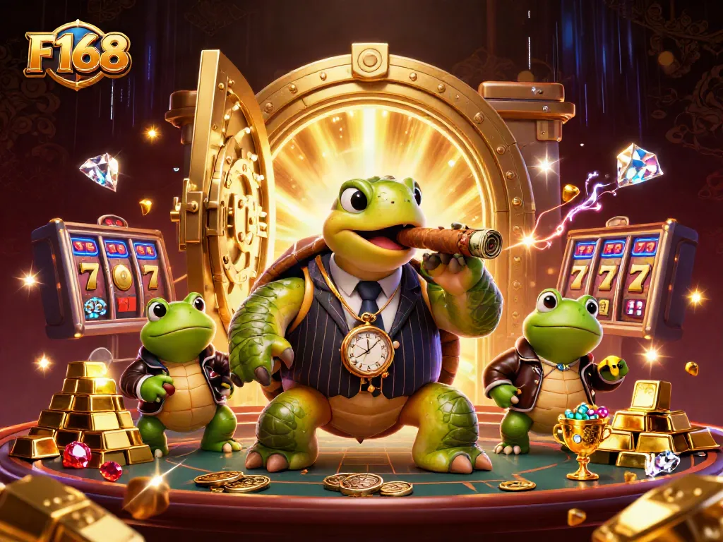 Experience F168's thrilling gaming world with a dynamic scene featuring cartoon turtle mobsters and slot elements.