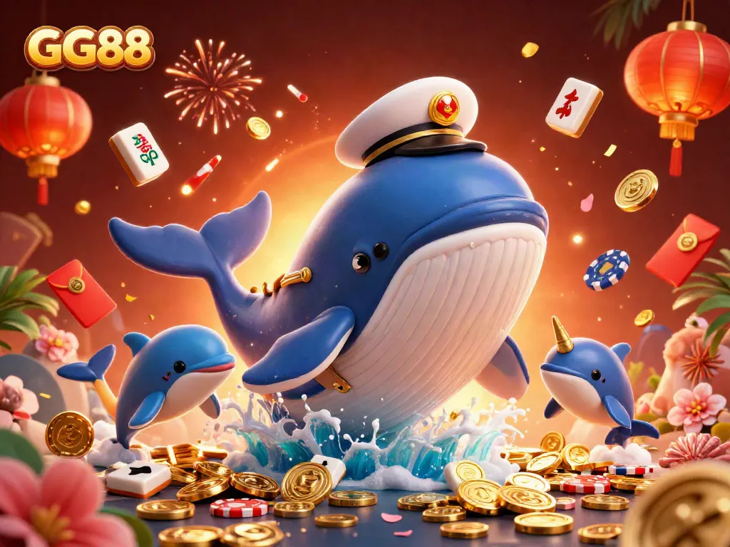 Engage with GG88 in a lively casino scene featuring a whale and lively dolphins.