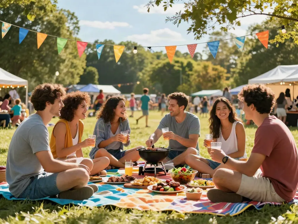 Friends enjoying a summer BBQ festival, featuring rokok88 relaxed moments and delectable food.