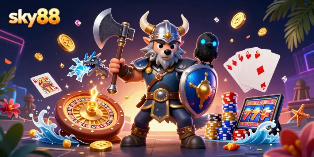 Experience thrilling wins at Sky88, featuring a Viking wolf warrior, dragon, and dynamic casino elements.