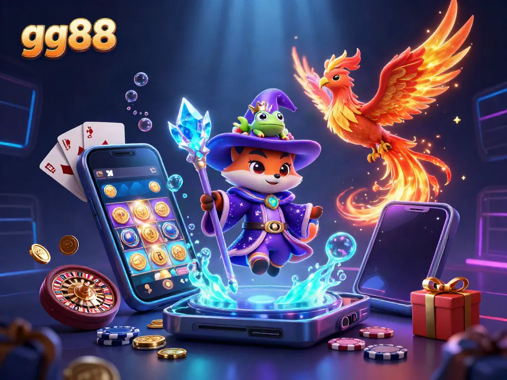 Engage with dazzling gaming actions featuring gg88, an enchanting wizard fox and phoenix in a vibrant casino environment.