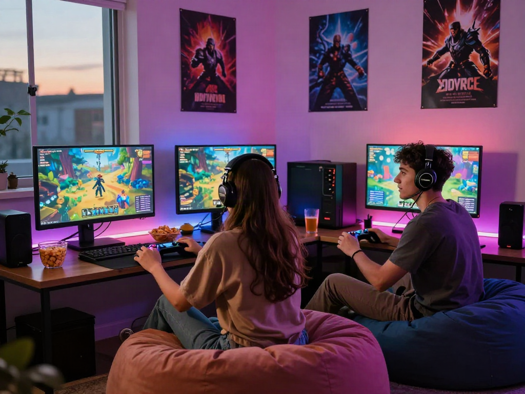 Immersive gaming scene featuring players enjoying a colorful porn game in a cozy room.