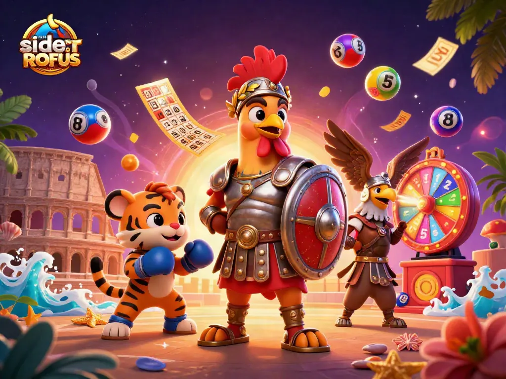 Engage with casino sider uden ROFUS in a vibrant 3D illustration featuring a gladiator rooster and more.