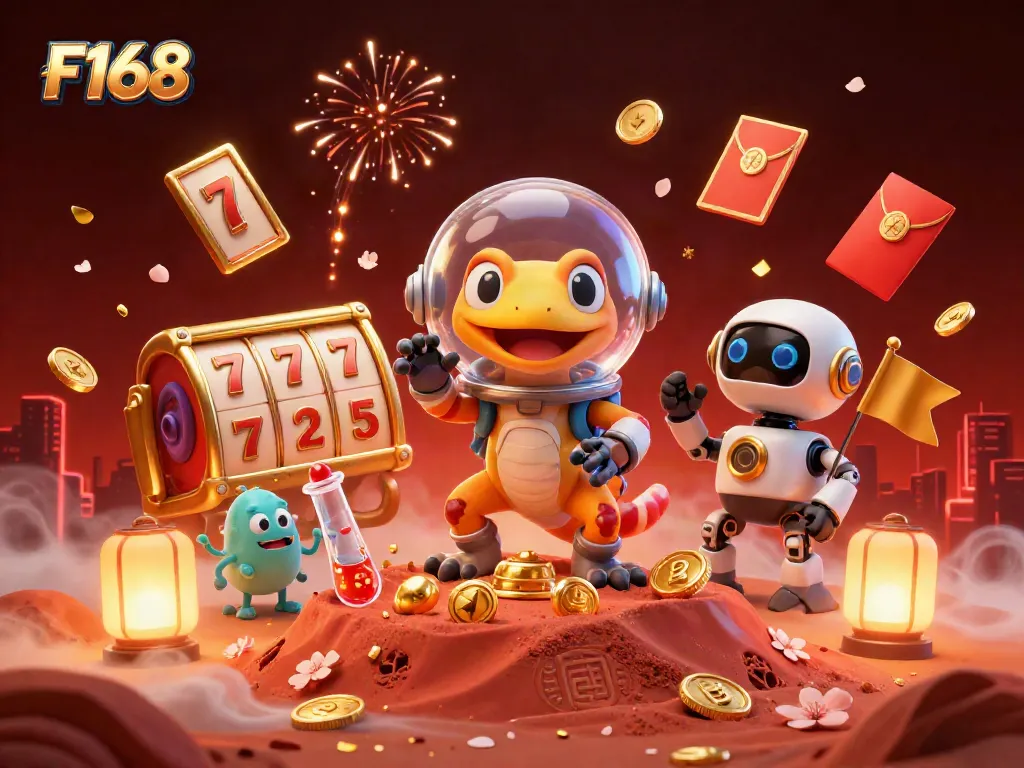 F168 features a Martian gecko exploring a golden casino with high-stakes slot reels and festive elements.