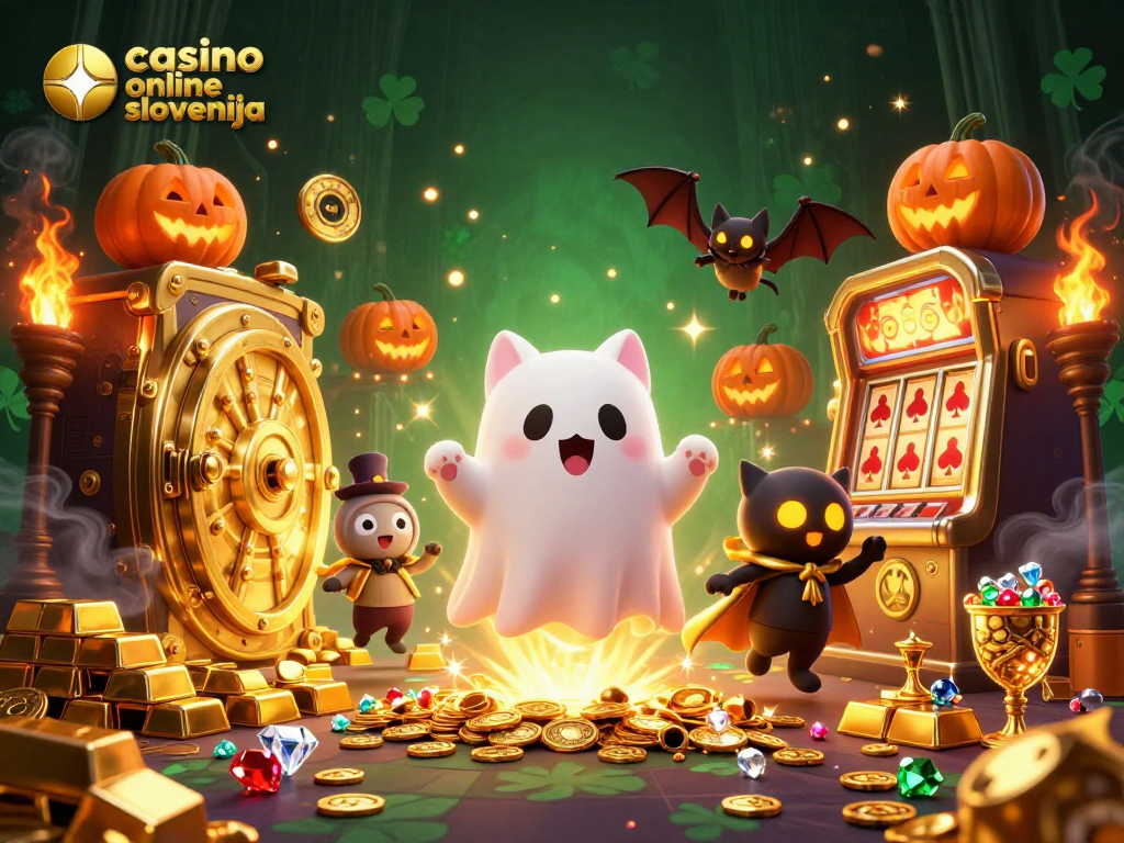 Prijazna duh mačka iz casino online Slovenija lebdi s vlečnim netopirjem in bučami.