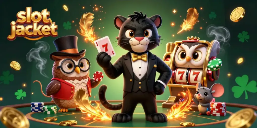Engaging scene showcasing slot jackpot excitement with a stylish panther dealer, owl, and lucky mouse.