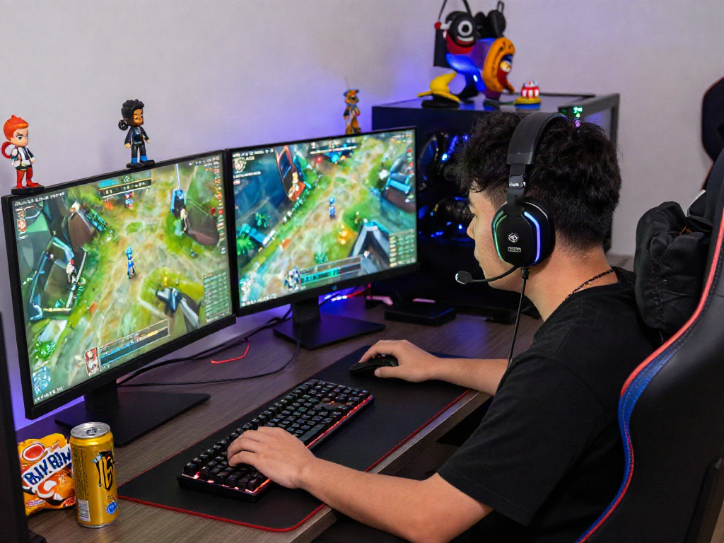 Gamer engaged in thrilling gameplay at their desk with rokok88 login displayed on screens, illustrating a vibrant gaming atmosphere and setup.