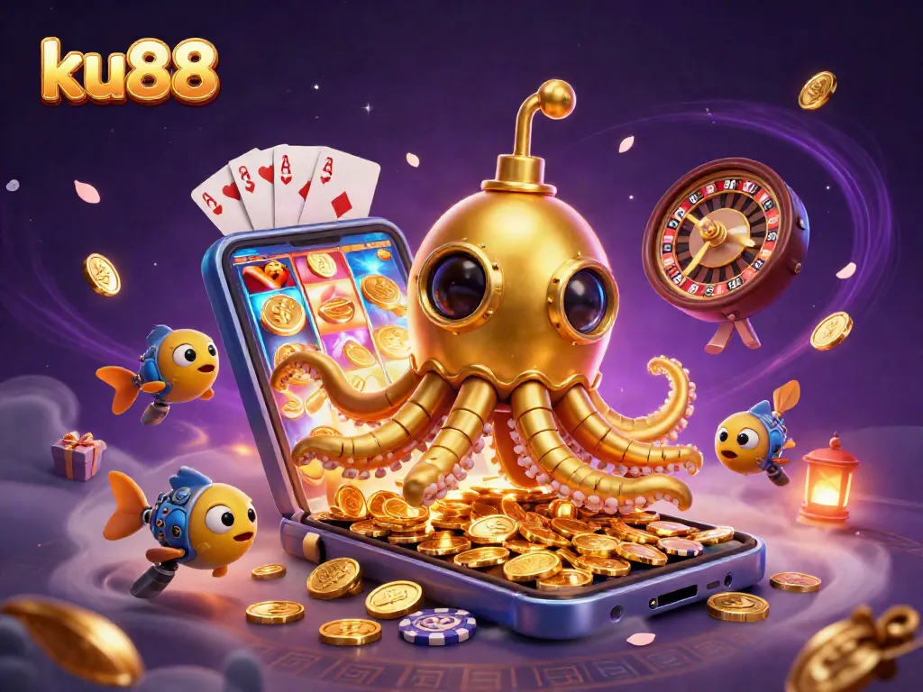 Experience the thrilling action at ku88 with a golden kraken submarine submerged in coins.