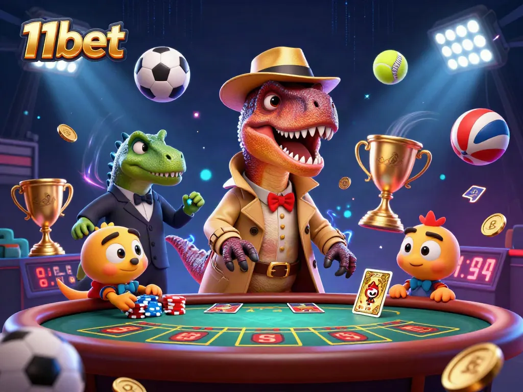 11bet velociraptor card counter at a blackjack table surrounded by sports elements and trophies