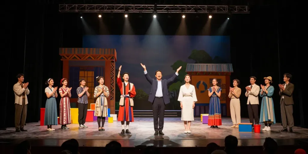 Engaging theatre performance on stage showcasing rokok88 slot themes with a diverse cast and vibrant lighting.