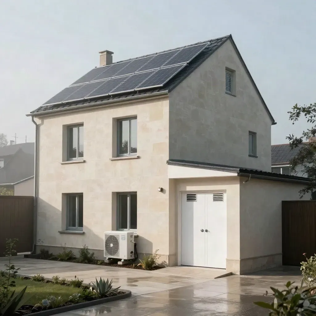 Renovated townhouse with rooftop solar panels and heat pump in dawn mist.