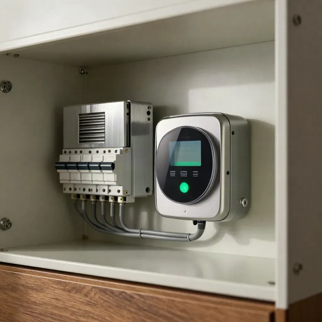 Smart meter, inverter, and switch panel inside a spotless utility cabinet with a green status light.