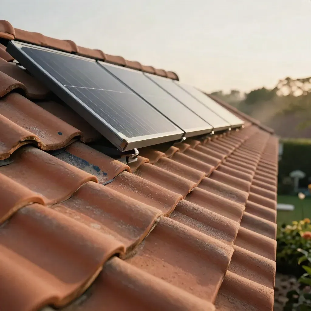 Macro roof with solar rails, skylight flashing, and clay tiles in warm afternoon light.