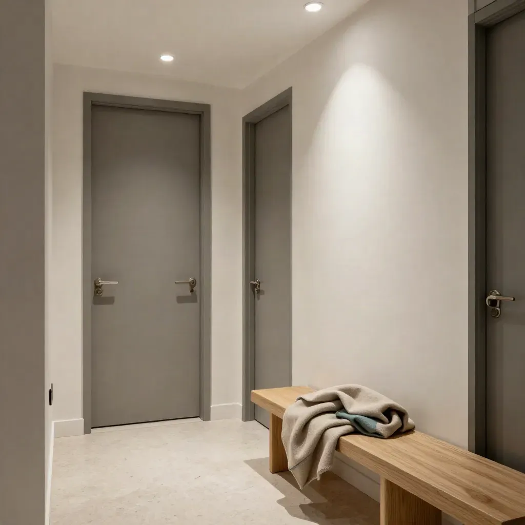 Fresh hallway upgrades: LED downlights, sealed door, radiator valve and wool throw on a bench.