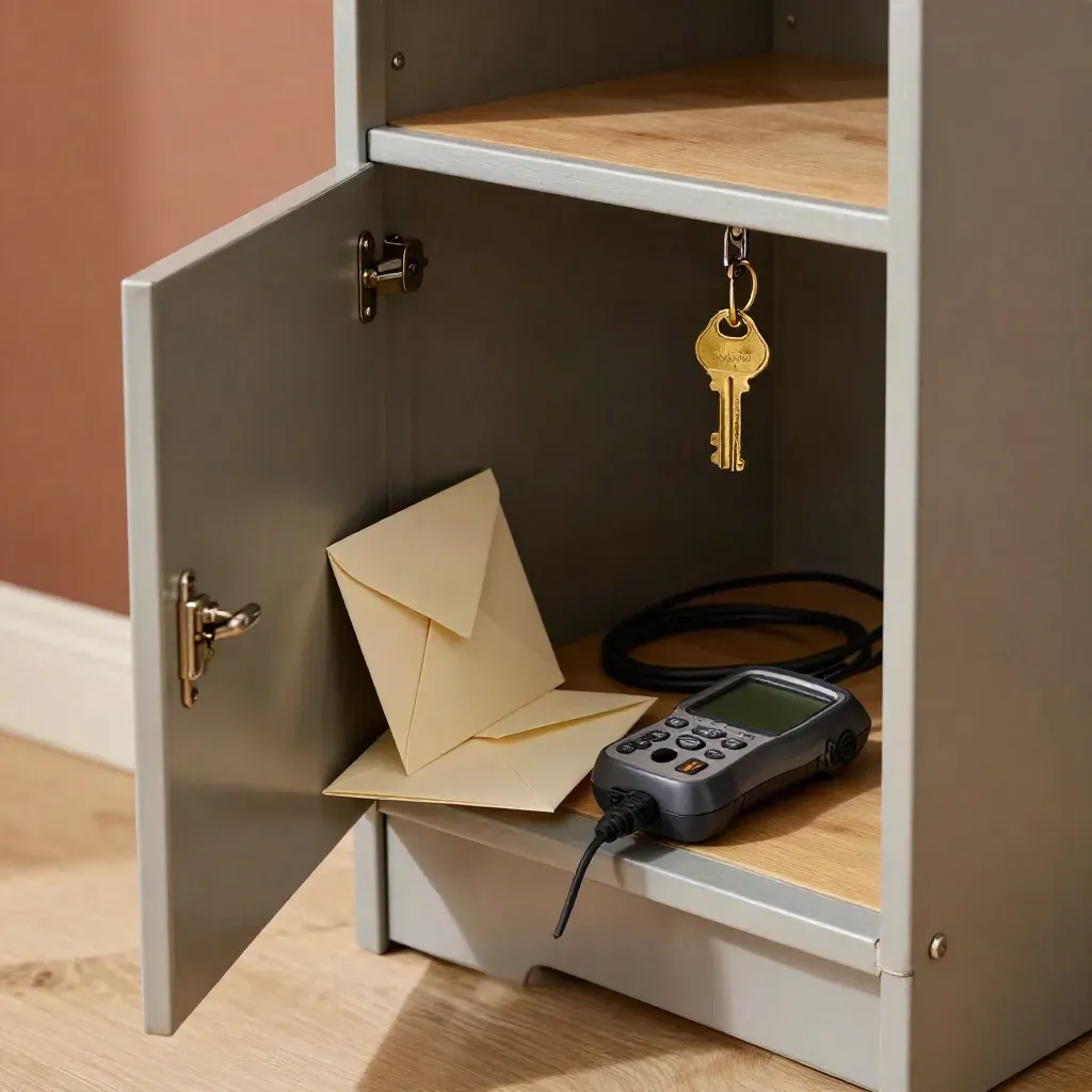 Open meter cupboard with brass key, power analyzer and envelope in warm daylight.