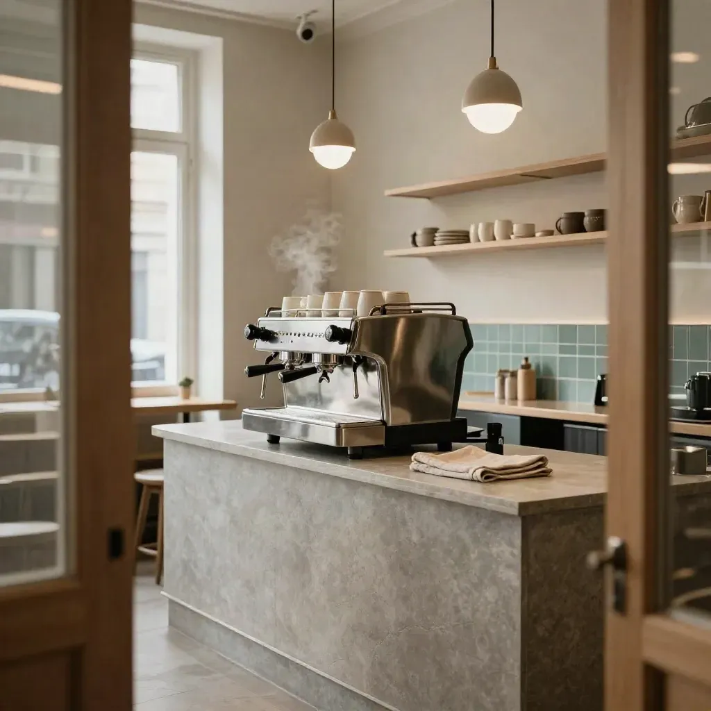 Empty Berlin café with LED pendants, espresso machine and steam over a cool-toned counter.