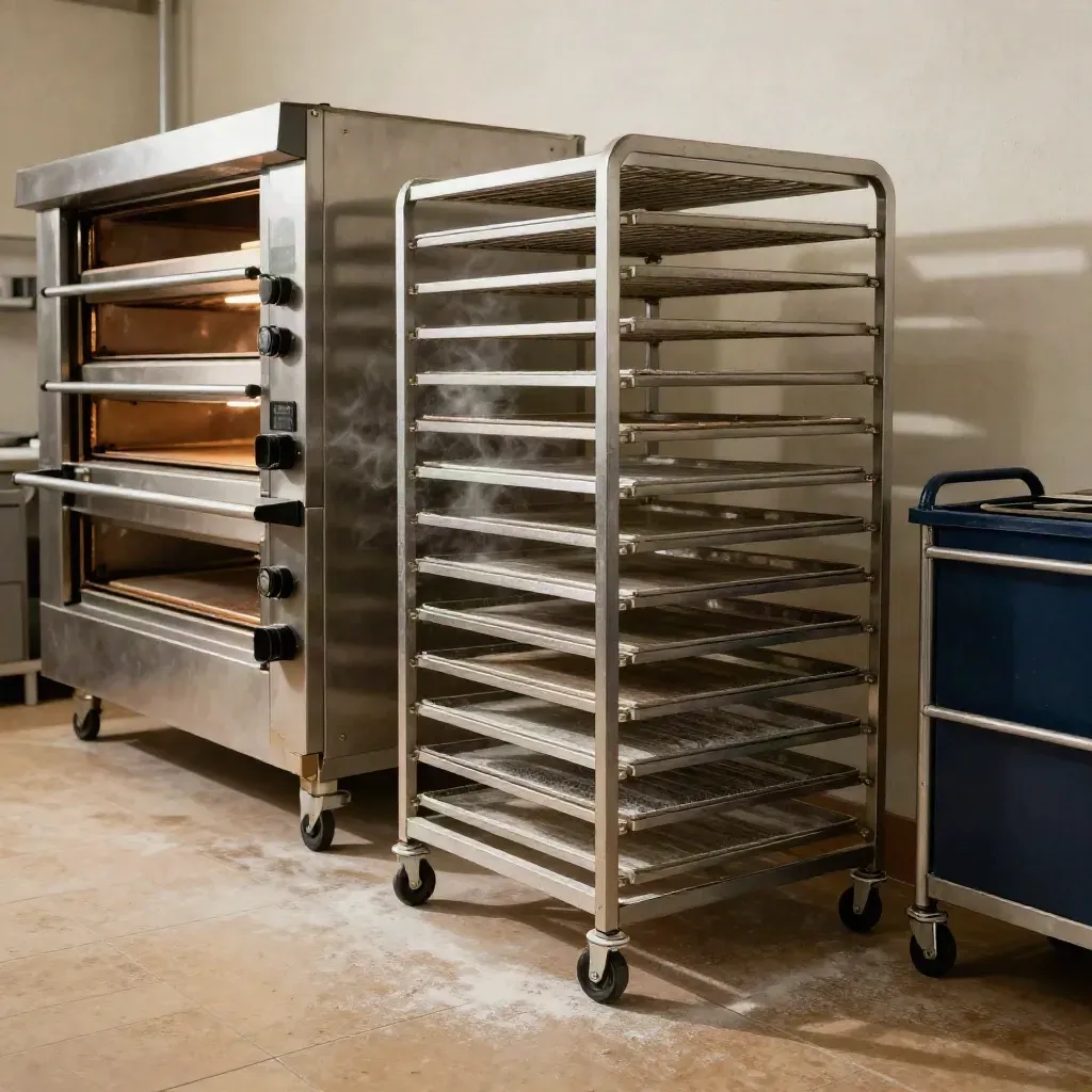 Empty bakery floor with ovens, cooling racks and a glowing proofer under warm daylight.