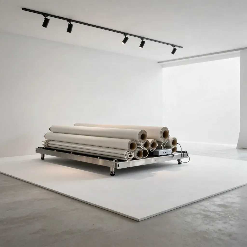 Empty minimalist photo studio with track lights, canvas backdrops, and a tidy power hub.