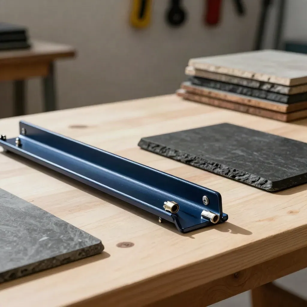 Solar roof hook samples, mounting rail, MC4 connectors, and slate tile on a workshop bench.