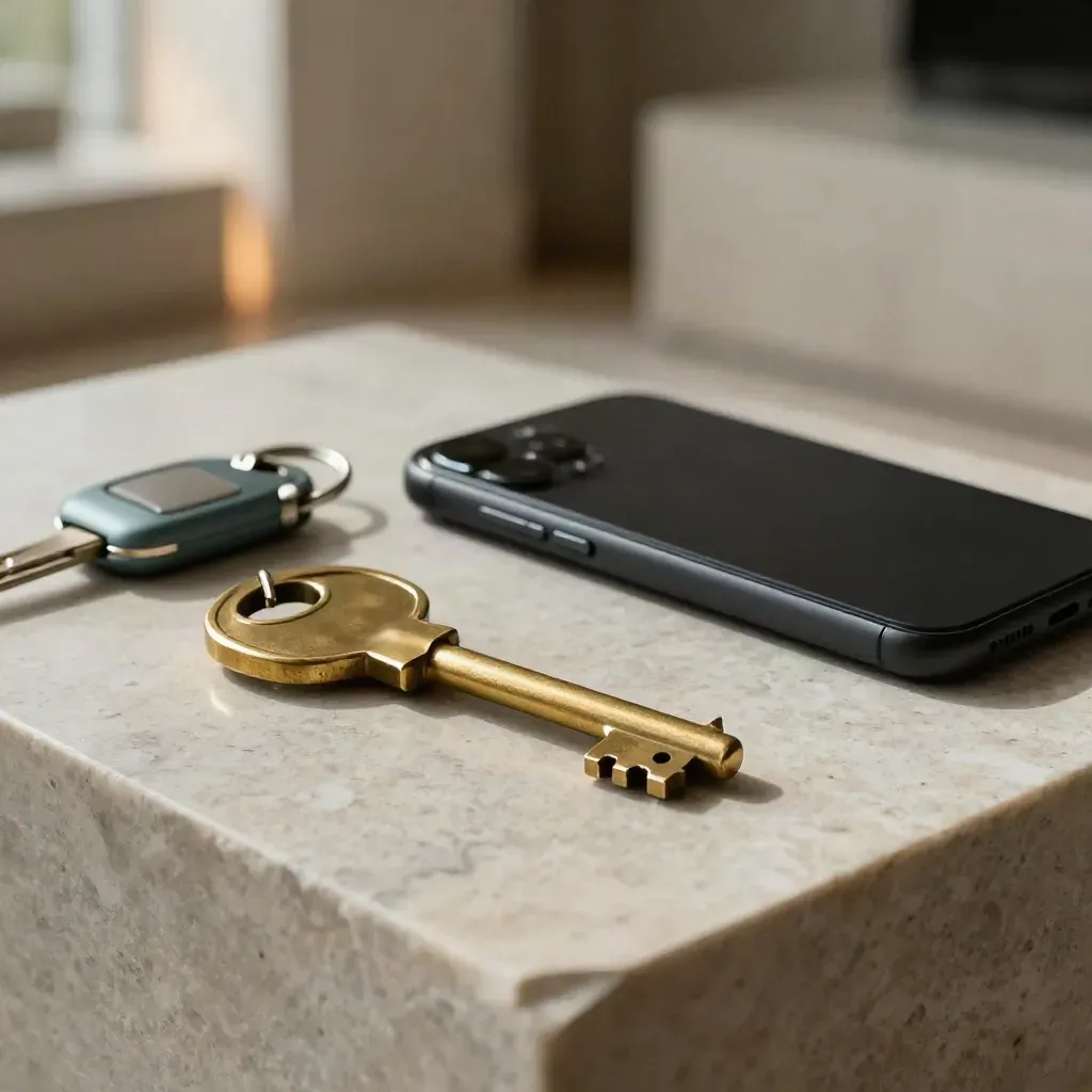 Brass key, dark phone and compact key fob on honed stone, lit by soft side light.