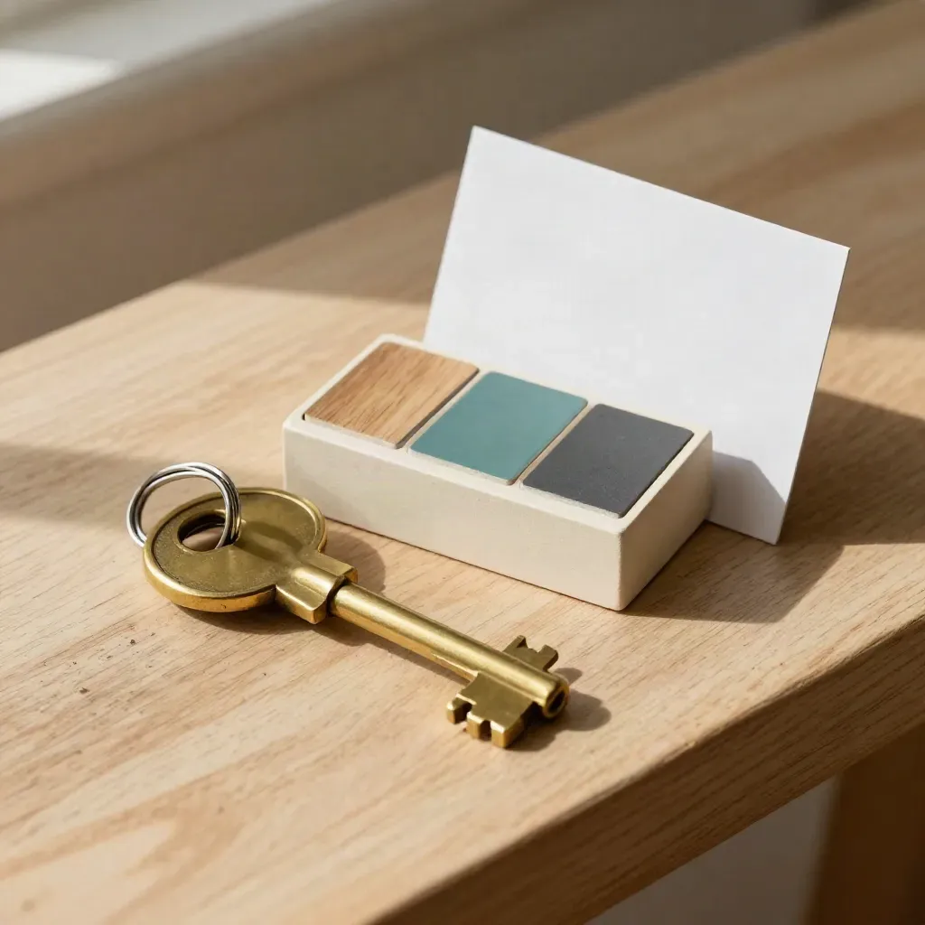 Brass keys beside a model-home block and finish chips on a sunlit sample bench.