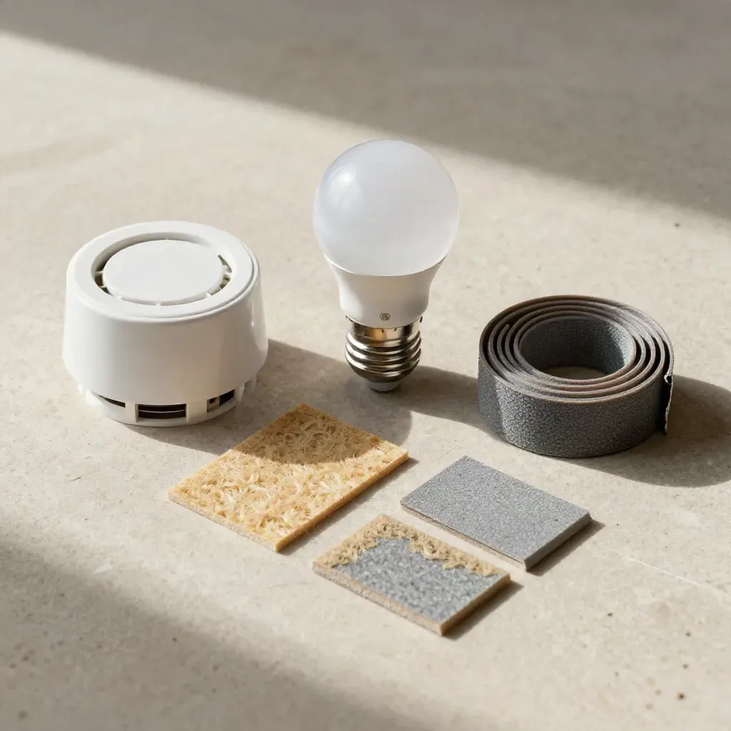 Overhead flatlay of LED bulb, thermostat puck, weather strip and insulation samples on pale stone.