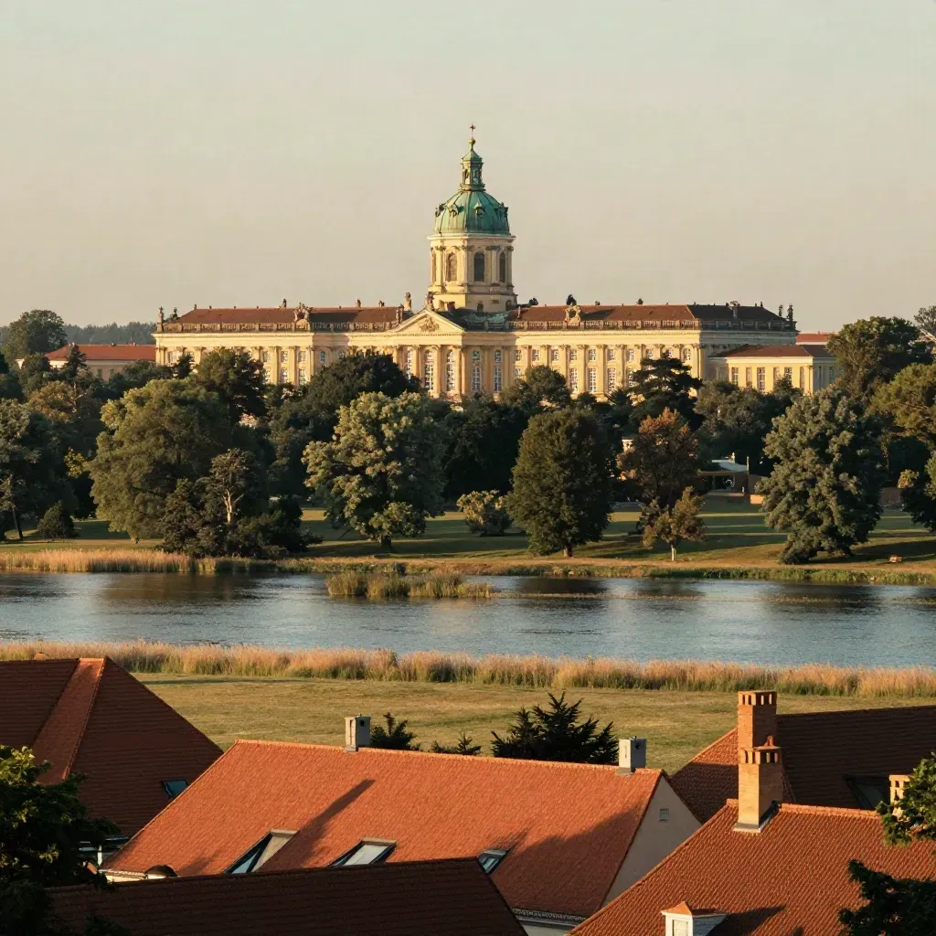 Golden hour view of Sanssouci palace roofs over the Havel floodplain near Potsdam.