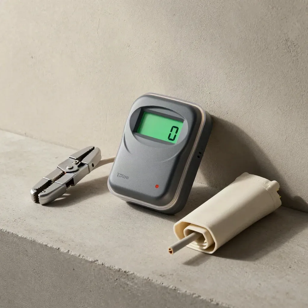Smart meter, current clamp, and sealed sleeve on brushed concrete in soft studio light