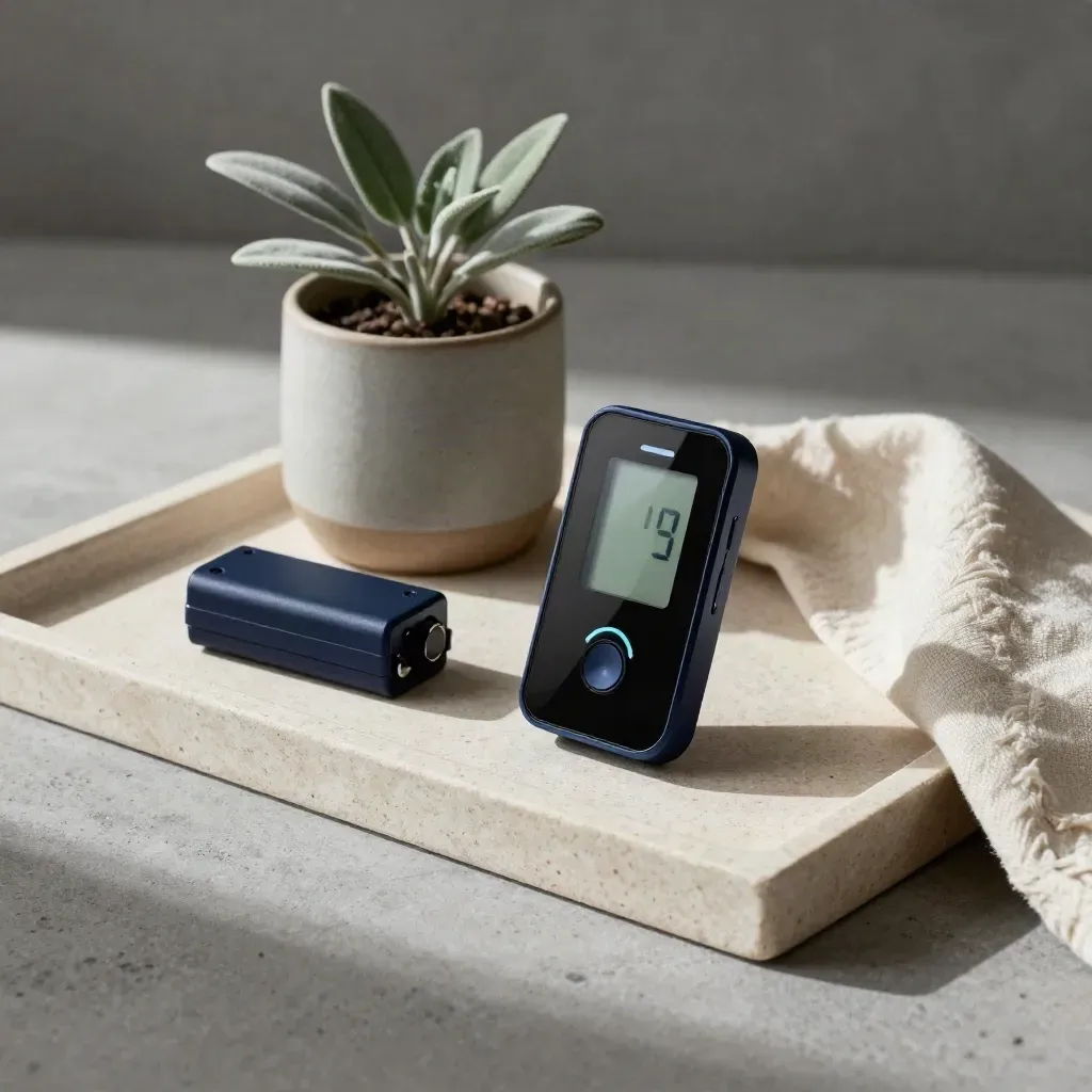 Compact energy monitor, backup battery pack and ceramic plant pot on a stone tray, softly lit.