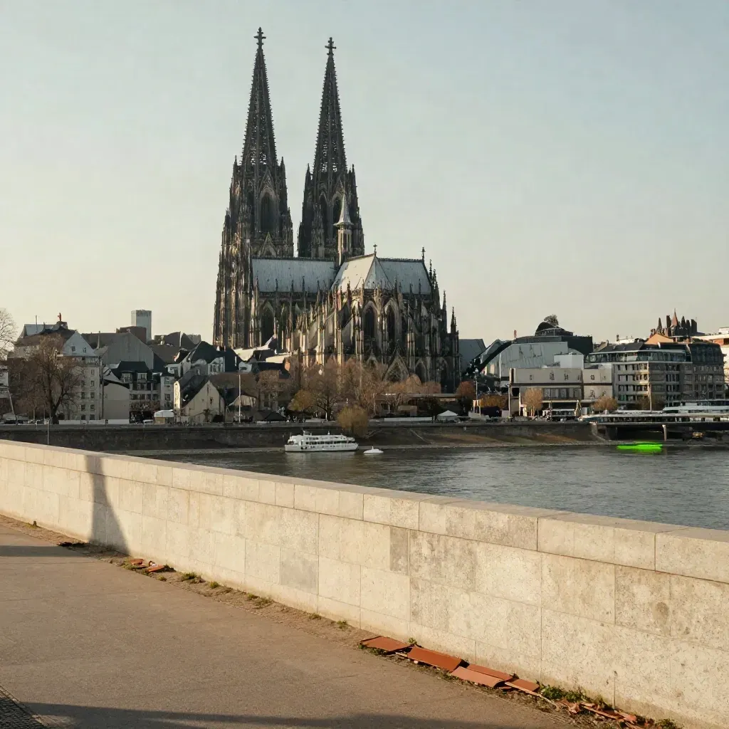Cologne Cathedral above a hazy Rhine skyline and pale stone foreground.