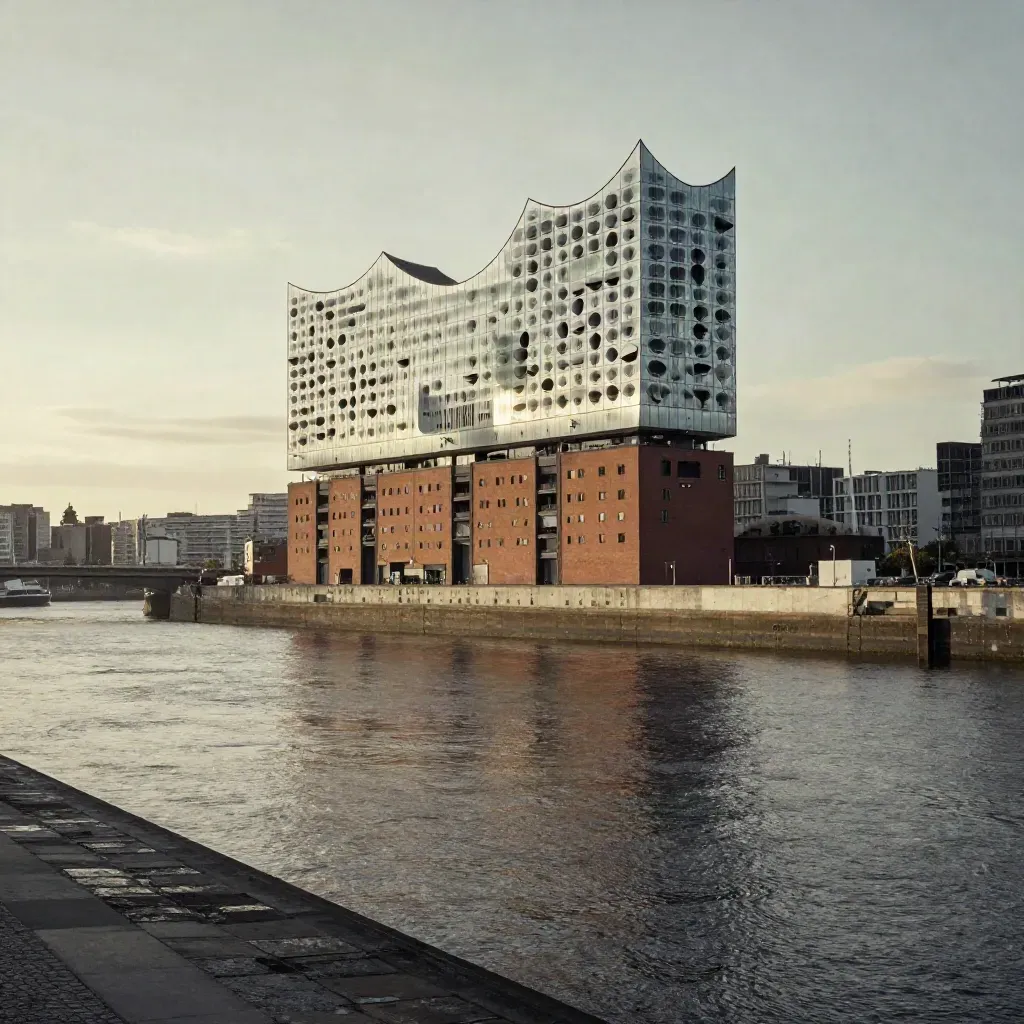 Elbphilharmonie over Hamburg harbor water and warehouse roofs in misty evening light