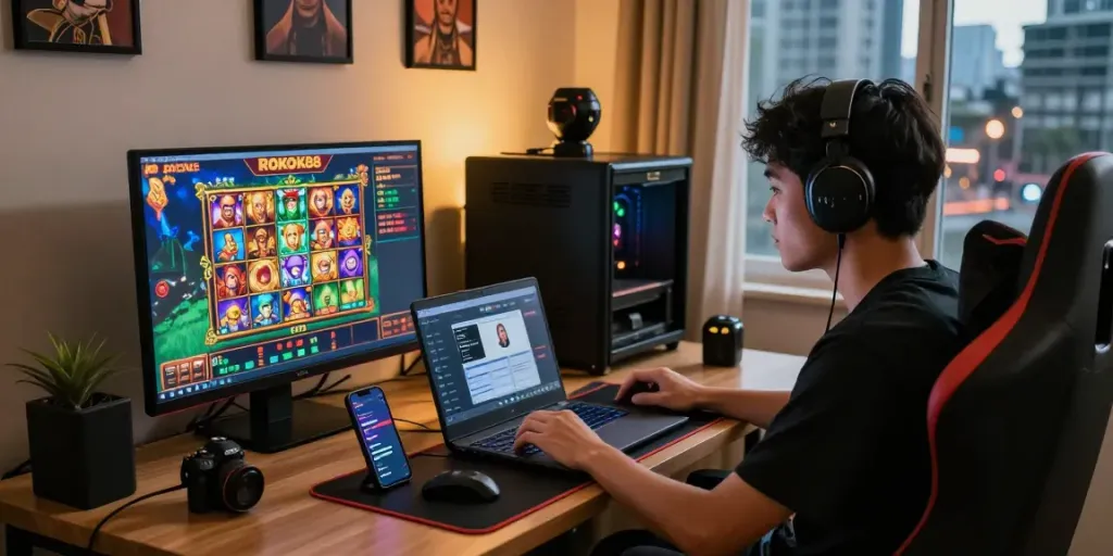 Engaged player enjoying rokok88 slot login on laptop with vibrant game graphics and interactive features.