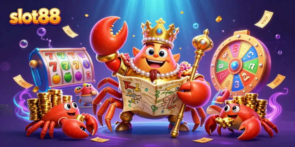 Experience the excitement of slot88 with a golden crab emperor amidst a vibrant casino scene filled with winning symbols.