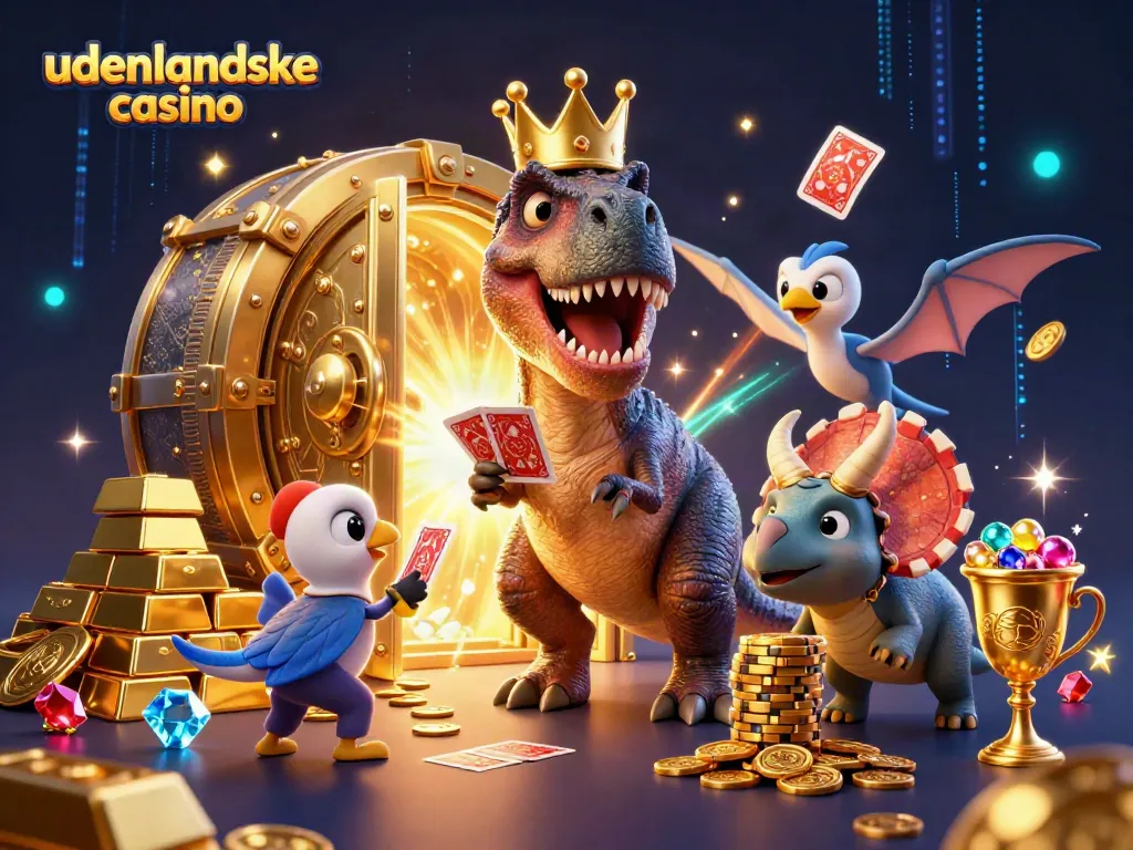 Engage with udenlandske casino in a vibrant, dynamic 3D scene featuring lively dinosaurs and golden treasures.