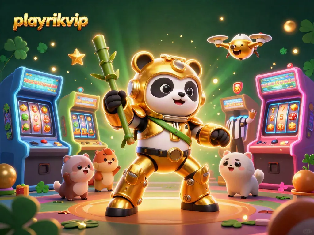 Engage with playrikvip as a golden panda battles in a casino-themed arcade filled with vibrant visuals.