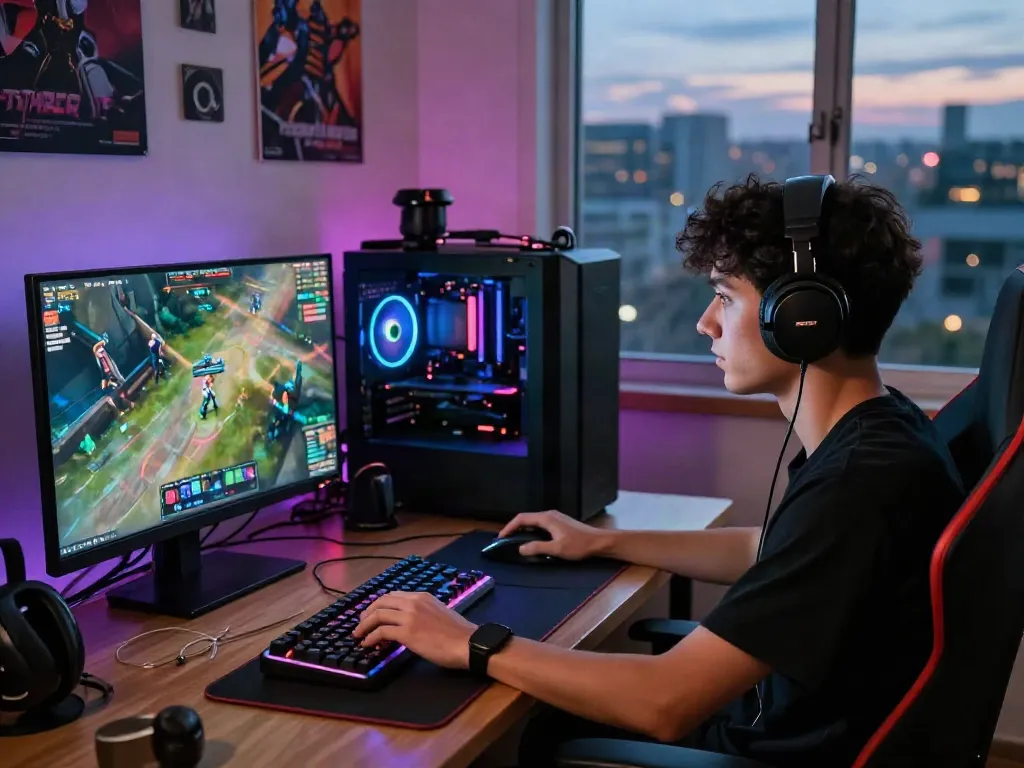 Engaging scene of a gamer at their high-tech setup on https://rokok88.it.com, showcasing gaming accessories and ambient lighting.