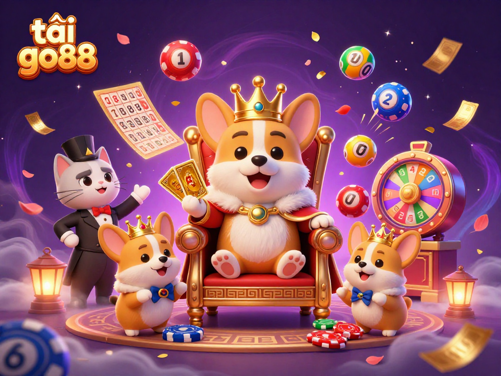 Experience the thrill of tải go88 with vibrant lottery balls and royal charisma in a fun casino scene.