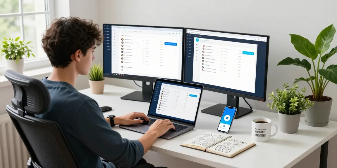 A professional in a modern workspace using the Telegram Web Version on a laptop, showcasing a tech-savvy environment.