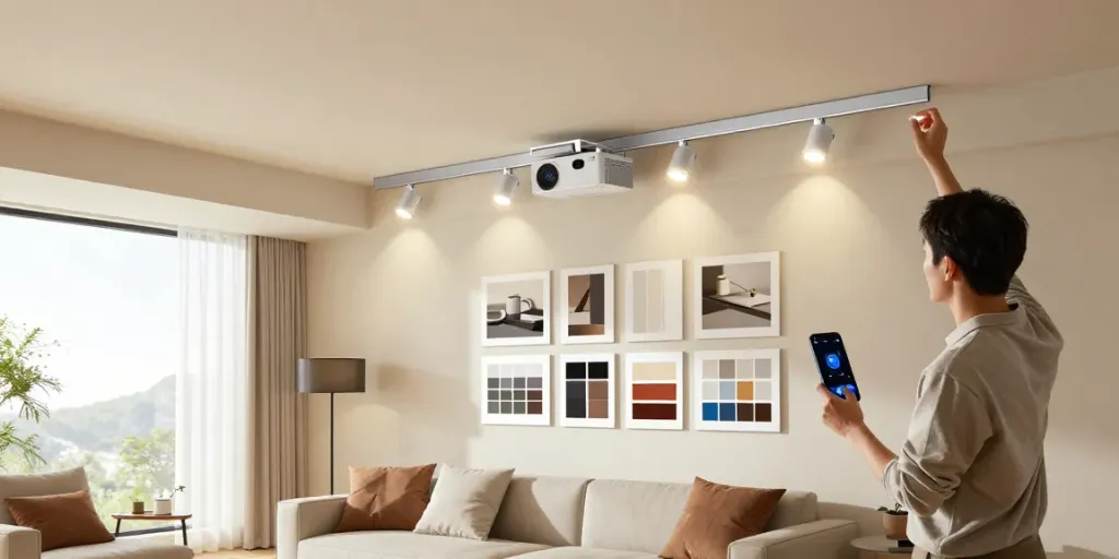 Iluminat modern și flexibil cu sina magnetică încastrată în interiorul unui living elegant.