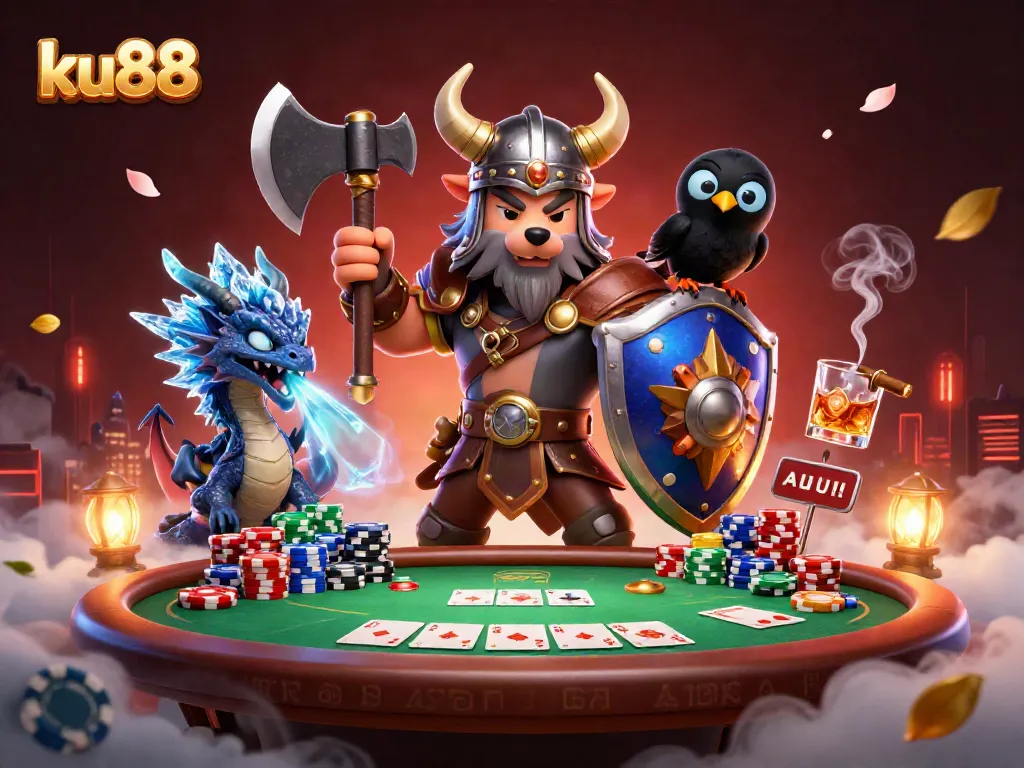 Engage in excitement at ku88 with a Viking warrior, dragon, and poker elements in a vibrant 3D casino illustration.