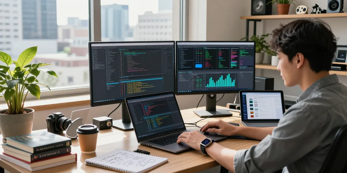 Dynamic workspace scene showcasing a developer engaged with multiple screens, emphasizing the WPS Official Website for tech enthusiasts.