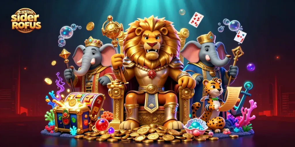 Experience the thrill at casino sider uden ROFUS with a vibrant 3D illustration featuring a lion king, elephant advisor, and cheetah messenger.