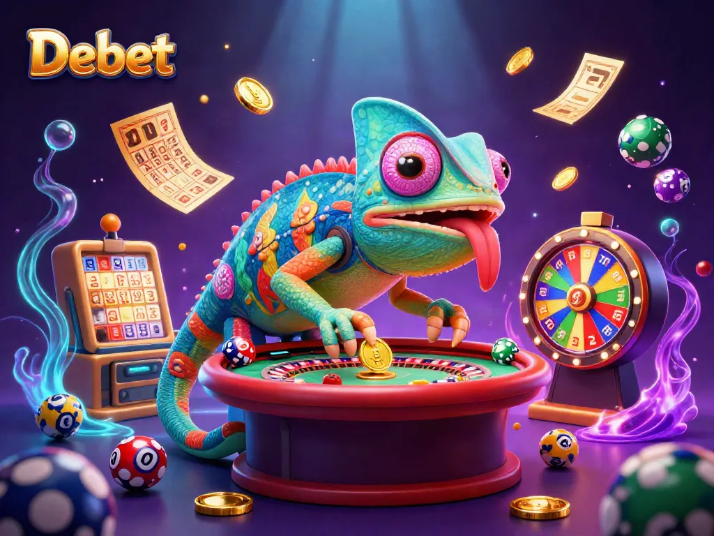Experience thrilling games at Debet with a vivid casino scene featuring colorful lottery balls and a chameleon owner.