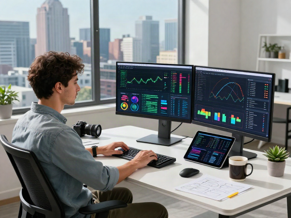Data scientist using crushon ai tools in a modern office setup with digital analytics displayed on multiple screens.