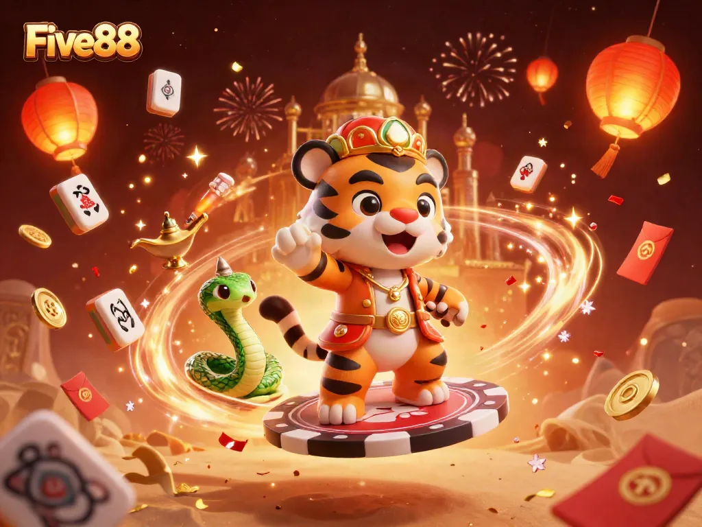 Immerse in the excitement of Five88, experiencing a vibrant casino scene with characters and magical elements.