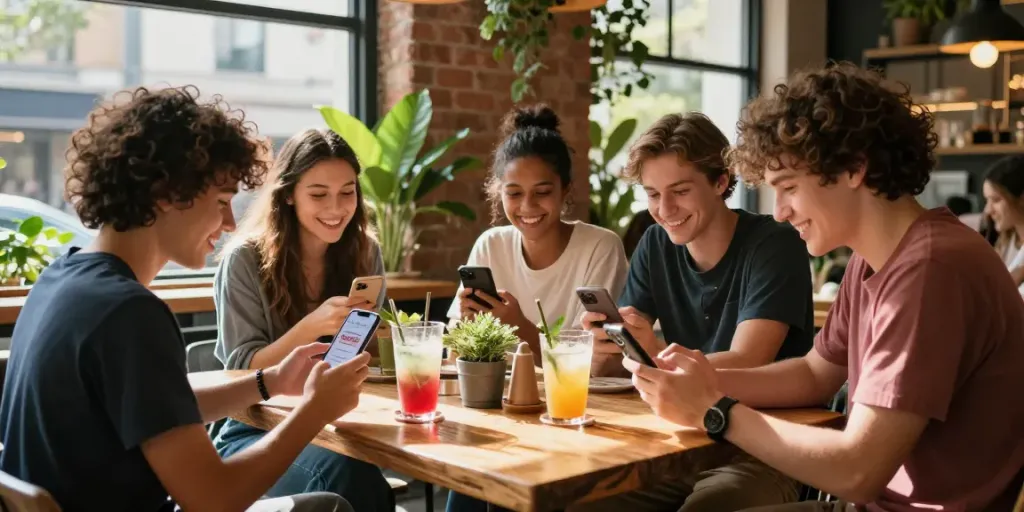 Social gathering at a café featuring rokok88 app interaction among friends, lively atmosphere.