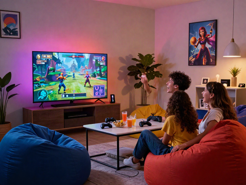 Couple enjoying sex games on a big screen in a cozy living room with mood lighting and snacks.