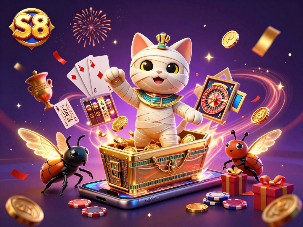 Experience thrilling gameplay at S8, featuring a mummy cat bursting from a sarcophagus in a vibrant casino.